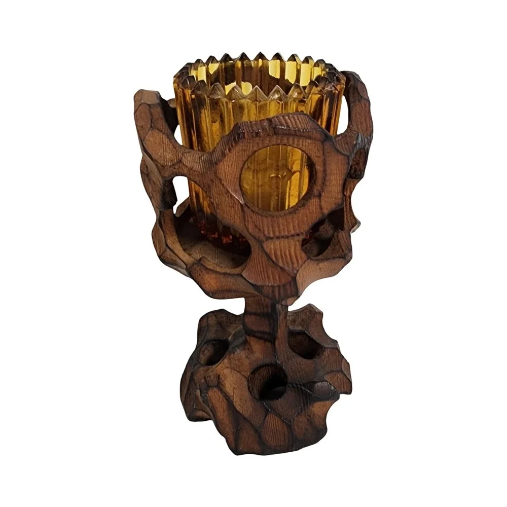 Vintage Hand Carved Brutalist Wood‎ Candle Holder Amber Glass Votive MCM 6.5in